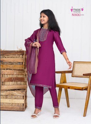 Mystic 9 Nikki Kids Vol 1 Premium Dyed Vertican Straight Cut Set with Embroidered Top And Digital Chanderi Dupatta Wholesale wholesale catalogs