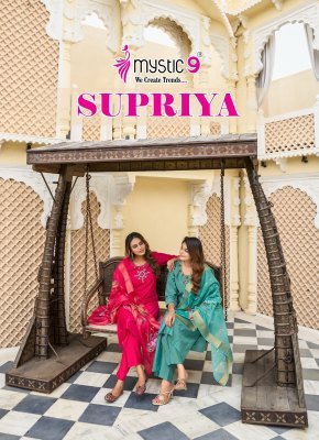 Mystic 9 Supriya Vol 1 Premium Vertical Dobby Khat Work Top with Lace Sleeves And Dyed Straight Pant with Digital Printed Dupatta Wholesale kurtis catalogs