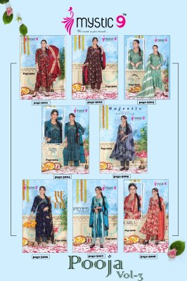 Mystic 9 by Pooja vol 3 heavy foil printed embroidered readymade suit catalogue at affordable rate readymade suit catalogs