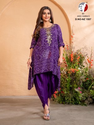 NZ 1557 by Anju Fabric Pure Dola Silk mirror embroidered kurti with tulip pant catalogue at affordable rate readymade suit catalogs