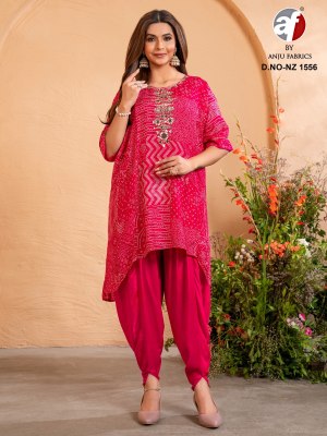 NZ 1557 by Anju Fabric Pure Dola Silk mirror embroidered kurti with tulip pant catalogue at affordable rate readymade suit catalogs