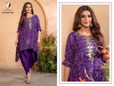 NZ 1557 by Anju Fabric Pure Dola Silk mirror embroidered kurti with tulip pant catalogue at affordable rate readymade suit catalogs