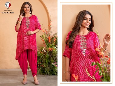 NZ 1557 by Anju Fabric Pure Dola Silk mirror embroidered kurti with tulip pant catalogue at affordable rate readymade suit catalogs