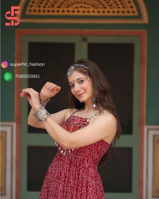 Navratri Bandhani Print AE1119 Faux Georgette Gown with Kutchi Patchwork Border And Kodi Latkan Sleeveless Festival Wear Wholesale gowns