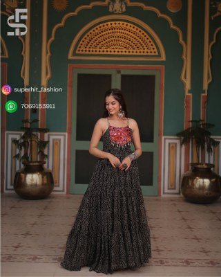 Navratri Bandhani Print AE1119 Faux Georgette Gown with Kutchi Patchwork Border And Kodi Latkan Sleeveless Festival Wear Wholesale gowns