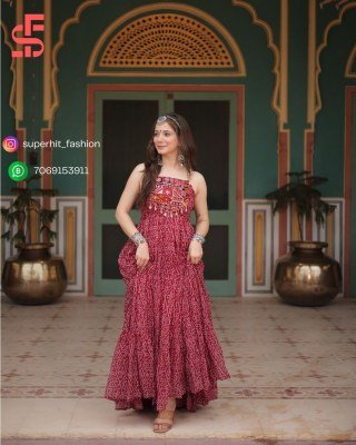 Navratri Bandhani Print AE1119 Faux Georgette Gown with Kutchi Patchwork Border And Kodi Latkan Sleeveless Festival Wear Wholesale gowns