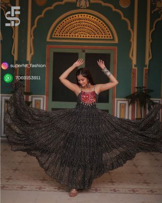 Navratri Bandhani Print AE1119 Faux Georgette Gown with Kutchi Patchwork Border And Kodi Latkan Sleeveless Festival Wear Wholesale gowns