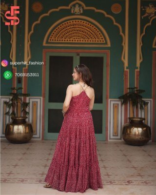 Navratri Bandhani Print AE1119 Faux Georgette Gown with Kutchi Patchwork Border And Kodi Latkan Sleeveless Festival Wear Wholesale gowns