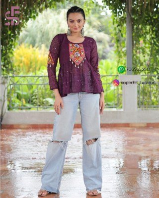 Navratri Collection 1186 Wine Colour Festive Georgette Peplum Kurti Schiffli And Kutchi Gamthi Patchwork  Full Sleeves Wholesale kurtis