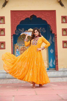 Navratri Collection 1187 Yellow Colour Cotton Laheriya Print with Kutchi Patchwork in Faux Georgette Gown  Wholesale gowns
