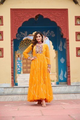 Navratri Collection 1187 Yellow Colour Cotton Laheriya Print with Kutchi Patchwork in Faux Georgette Gown  Wholesale gowns