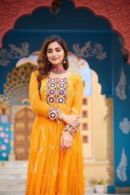 Navratri Collection 1187 Yellow Colour Cotton Laheriya Print with Kutchi Patchwork in Faux Georgette Gown  Wholesale gowns