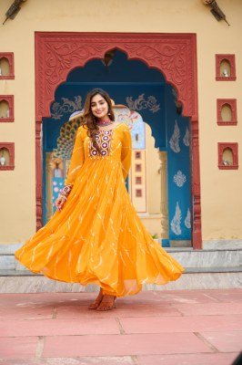 Navratri Collection 1187 Yellow Colour Cotton Laheriya Print with Kutchi Patchwork in Faux Georgette Gown  Wholesale gowns