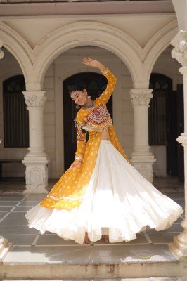 Navratri Collection 5043 Traditional Bandhani Print Kurti with Kutchi Patchwork And Frilled Kora Cotton Lehenga Wholesale 