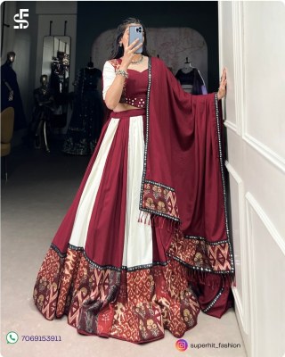 Navratri Festivals Plain And Printed With Original Mirror Work Lehenga Choli  White And Maroon Colour Collection Wholesale  Single