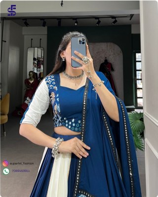 Navratri Festivals Plain And Printed With Original Mirror Work Lehenga Choli  White And Blue Colour Collection Wholesale  lehenga choli