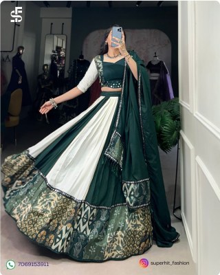 Navratri Festivals Plain And Printed With Original Mirror Work Lehenga Choli  White And GreenColour Collection Wholesale  lehenga choli