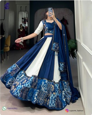 Navratri Festivals Plain And Printed With Original Mirror Work Lehenga Choli  White And Blue Colour Collection Wholesale  lehenga choli