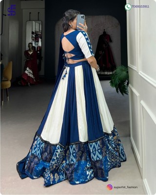 Navratri Festivals Plain And Printed With Original Mirror Work Lehenga Choli  White And Blue Colour Collection Wholesale  lehenga choli
