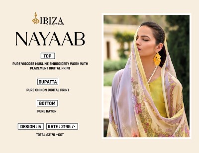 Nayaab by IBIZA Life Style pure musline embroidered unstitched suit catalogue at affordable rate salwar kameez catalogs