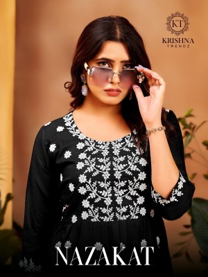 Nazakat vol 1 by Krishna trendz trendy fancy reyon slub embroidered western top catalogue at affordable rate western wear catalogs