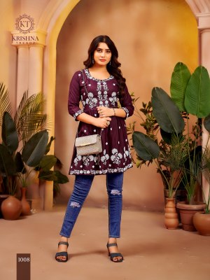 Nazakat vol 1 by Krishna trendz trendy fancy reyon slub embroidered western top catalogue at affordable rate western wear catalogs