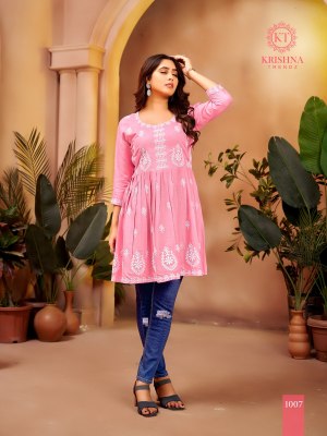 Nazakat vol 1 by Krishna trendz trendy fancy reyon slub embroidered western top catalogue at affordable rate western wear catalogs