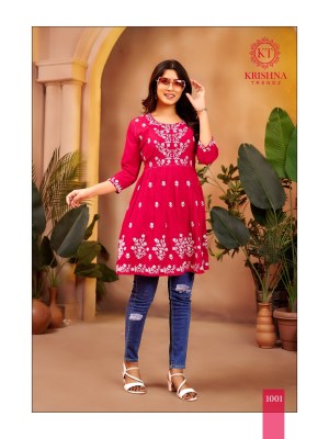 Nazakat vol 1 by Krishna trendz trendy fancy reyon slub embroidered western top catalogue at affordable rate western wear catalogs