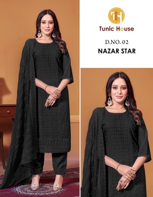 Nazar star by Tunic house Exclusive georgette embroidered kurti pant and dupatta catalogue at low rate readymade suit catalogs