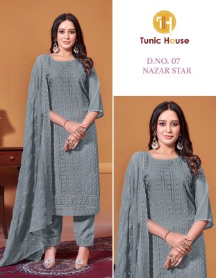 Nazar star by Tunic house Exclusive georgette embroidered kurti pant and dupatta catalogue at low rate readymade suit catalogs