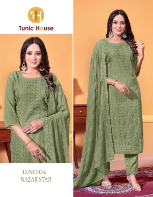 Nazar star by Tunic house Exclusive georgette embroidered kurti pant and dupatta catalogue at low rate readymade suit catalogs