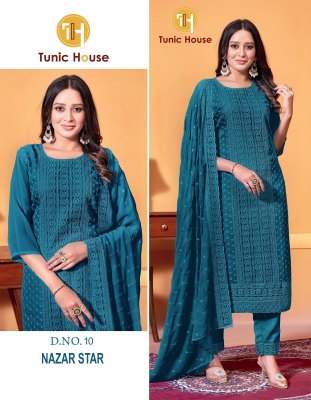 Nazar star by Tunic house Exclusive georgette embroidered kurti pant and dupatta catalogue at low rate readymade suit catalogs