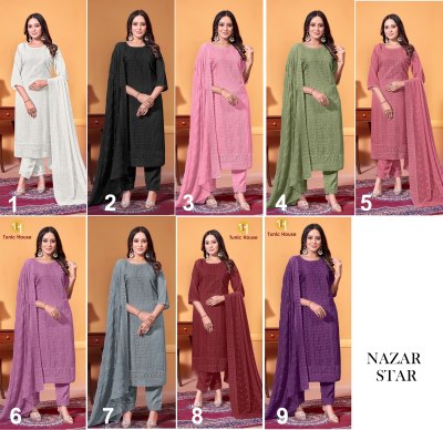 Nazar star by tunic house fully chikankari front work readymade suit collection at low rate readymade suit catalogs