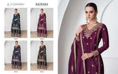 Nazrana by Aashirwad creation premium silk fancy sharara suit catalogue at affordable rate fancy sharara suit Catalogs