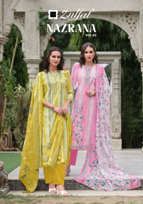 Nazrana vol 3 by Zulfat pure cotton designer printed unstitched suit catalogue at affordable rate wholesale catalogs