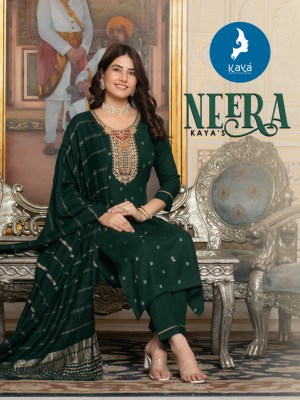 Neera by Kaya reyon Neck embroidered fancy kurti pant and dupatta catalogue at affordable rate Kaya kurti