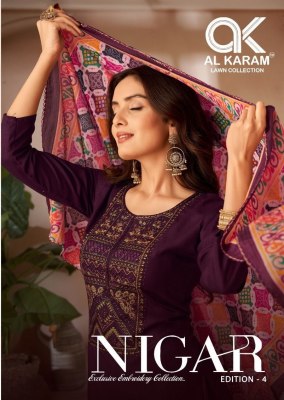 Nigar vol 4 by Al Karam Pure reyon slub Embroidered designer unstitched dress material catalogue at affordable rate wholesale catalogs