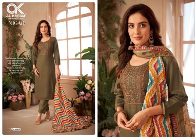 Nigar vol 4 by Al Karam Pure reyon slub Embroidered designer unstitched dress material catalogue at affordable rate salwar kameez catalogs