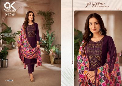 Nigar vol 4 by Al Karam Pure reyon slub Embroidered designer unstitched dress material catalogue at affordable rate salwar kameez catalogs