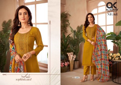 Nigar vol 4 by Al Karam Pure reyon slub Embroidered designer unstitched dress material catalogue at affordable rate salwar kameez catalogs