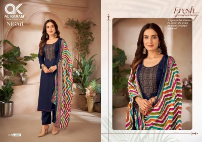 Nigar vol 4 by Al Karam Pure reyon slub Embroidered designer unstitched dress material catalogue at affordable rate salwar kameez catalogs