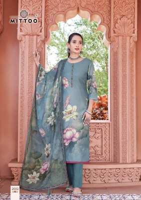 Nihar by Mittoo Satin printed thread Work kurti pant and dupatta catalogue at low rate readymade suit catalogs