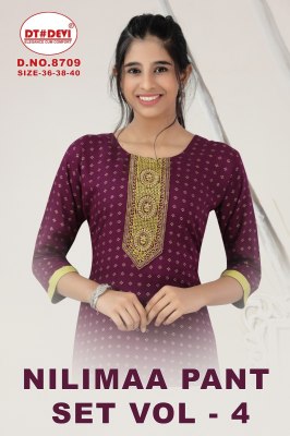 Nilimaa Pant Set vol 4 D No 8709 Reyon Printed Kurti Pant and Dupatta catalogue at affordable Price  wholesale catalogs