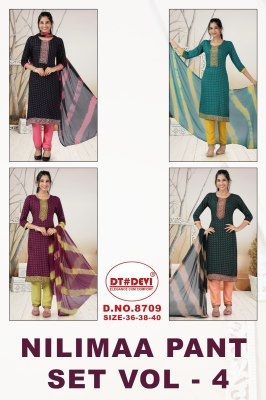 Nilimaa Pant Set vol 4 D No 8709 Reyon Printed Kurti Pant and Dupatta catalogue at affordable Price  readymade suit catalogs