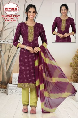 Nilimaa Pant Set vol 4 D No 8709 Reyon Printed Kurti Pant and Dupatta catalogue at affordable Price  readymade suit catalogs