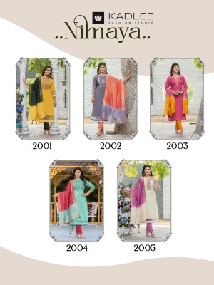 Nimaya By Kadlee Thread Handwork Straight Kurti pant and dupatta catalogue at affordable rate  readymade suit catalogs