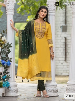 Nimaya By Kadlee Thread Handwork Straight Kurti pant and dupatta catalogue at affordable rate  readymade suit catalogs