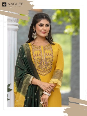 Nimaya By Kadlee Thread Handwork Straight Kurti pant and dupatta catalogue at affordable rate  readymade suit catalogs