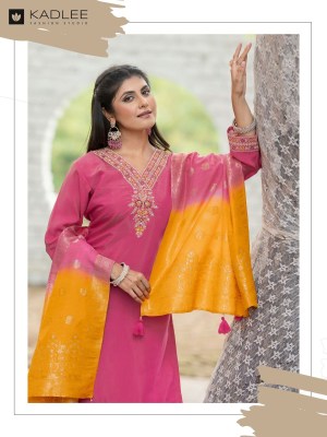 Nimaya By Kadlee Thread Handwork Straight Kurti pant and dupatta catalogue at affordable rate  readymade suit catalogs