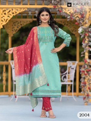 Nimaya By Kadlee Thread Handwork Straight Kurti pant and dupatta catalogue at affordable rate  readymade suit catalogs